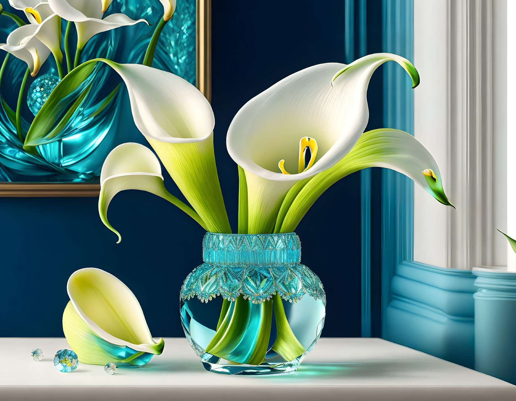 Realistic white calla lilies in blue glass vase digital art piece