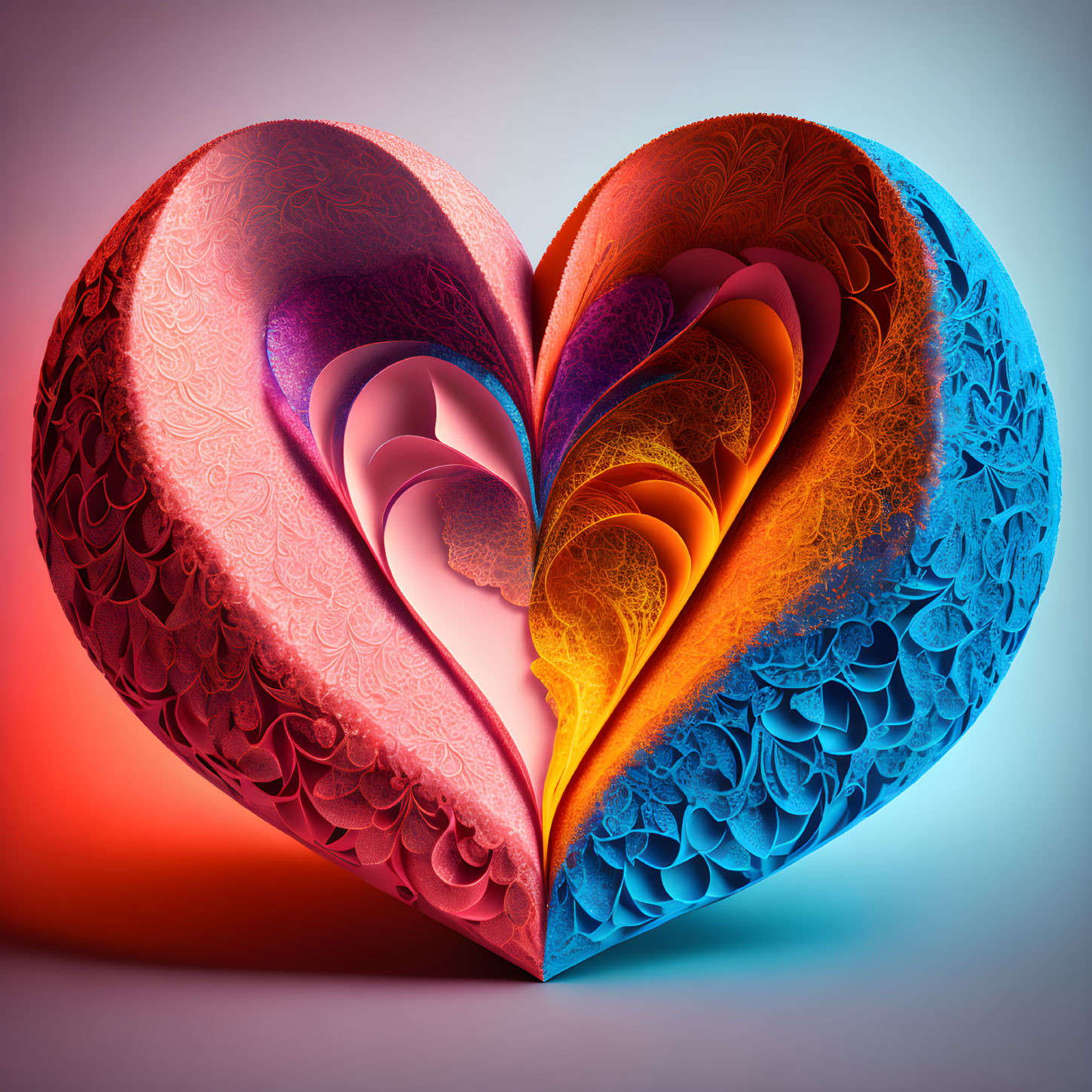 Colorful 3D heart with blue to red gradient and intricate paper art patterns