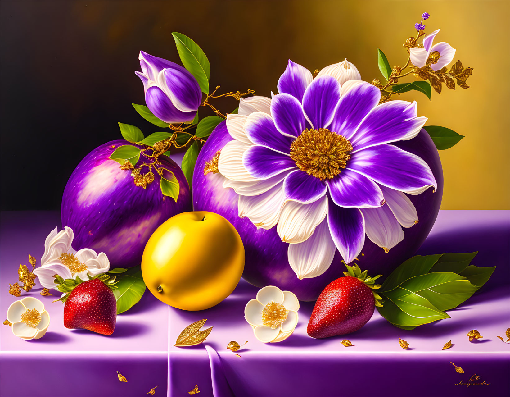 Purple and White Flower Still Life Painting with Plums and Fruit