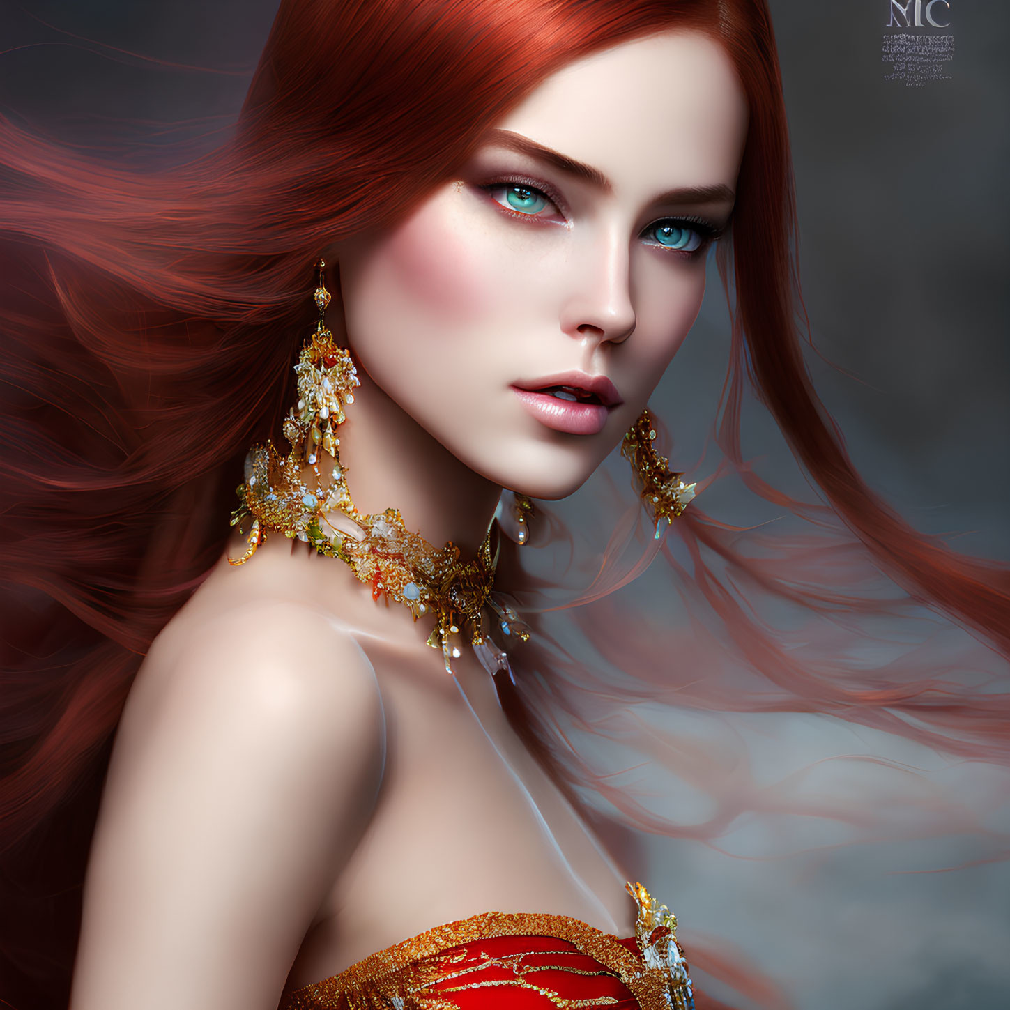 Digital portrait of woman with red hair, blue eyes, gold earrings on grey background