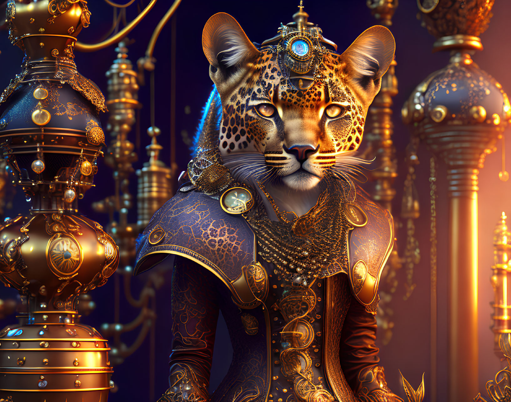 Ornate armor on anthropomorphic leopard in Arabian-style setting