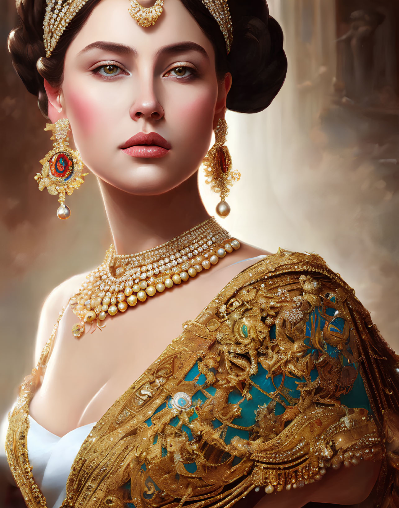 Elegant woman adorned in pearls and gold shawl