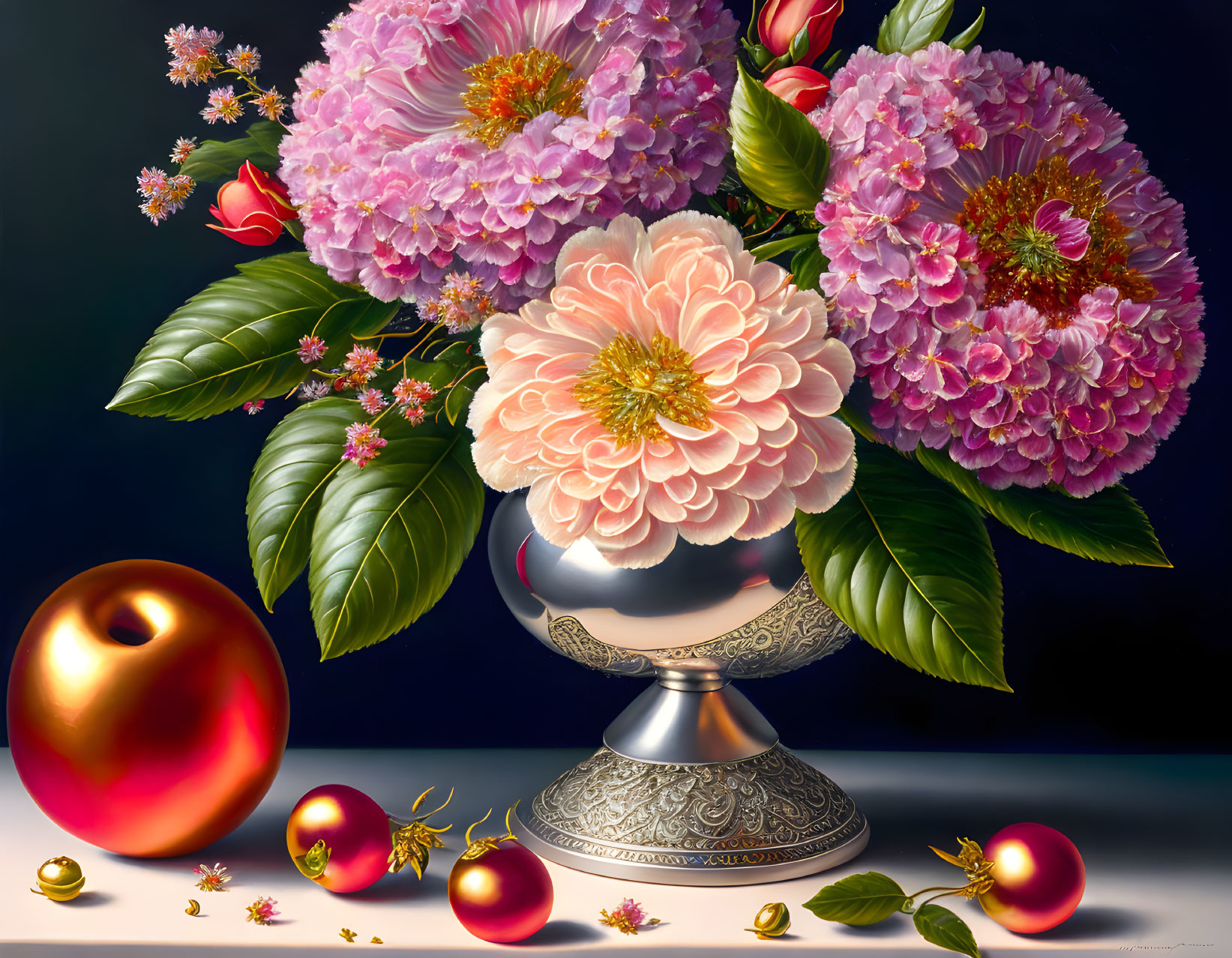 Colorful Still Life Painting with Pink Peonies, Red Apples, and Golden Berries