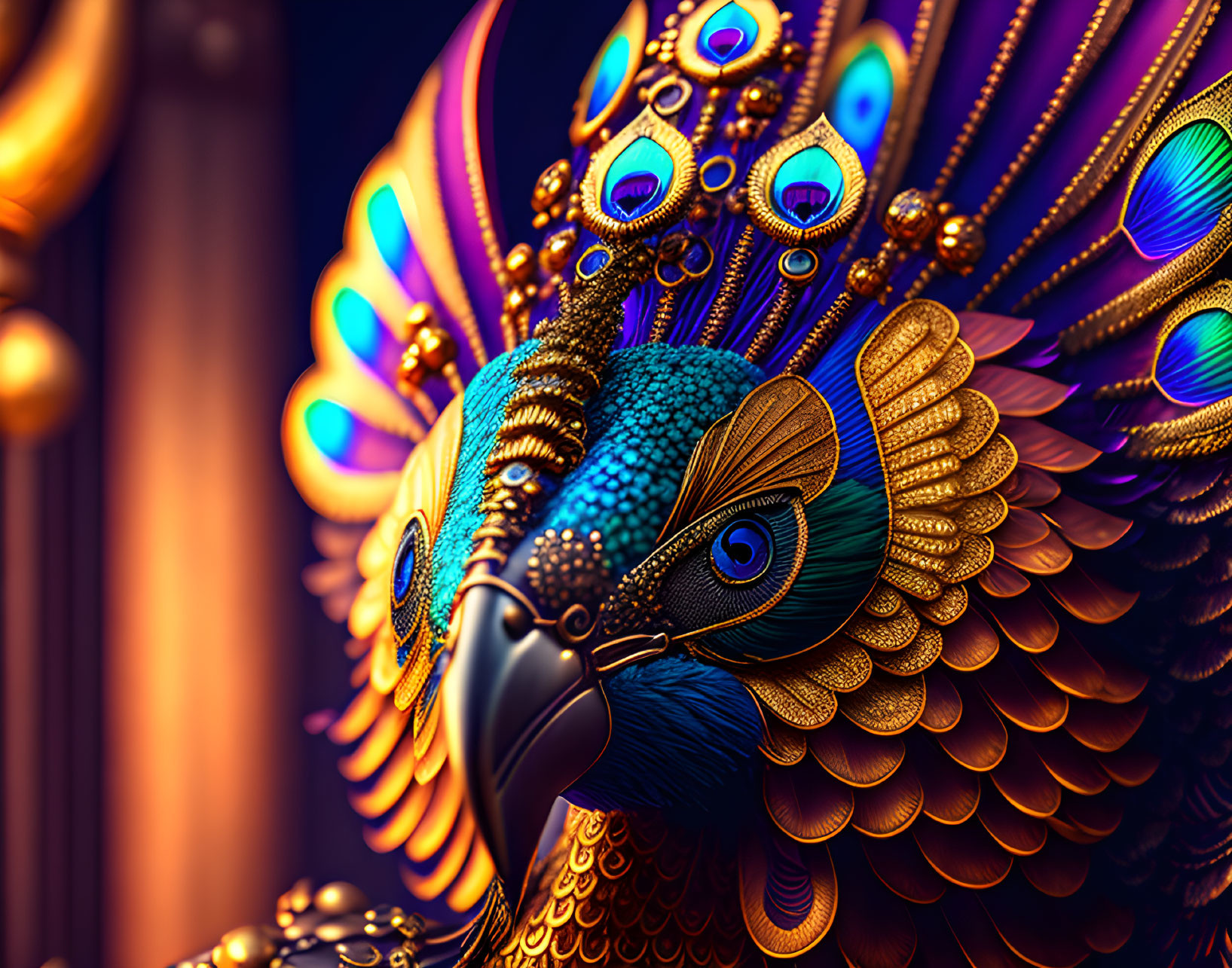 Detailed Close-Up Illustration of a Shimmering Peacock Feathers