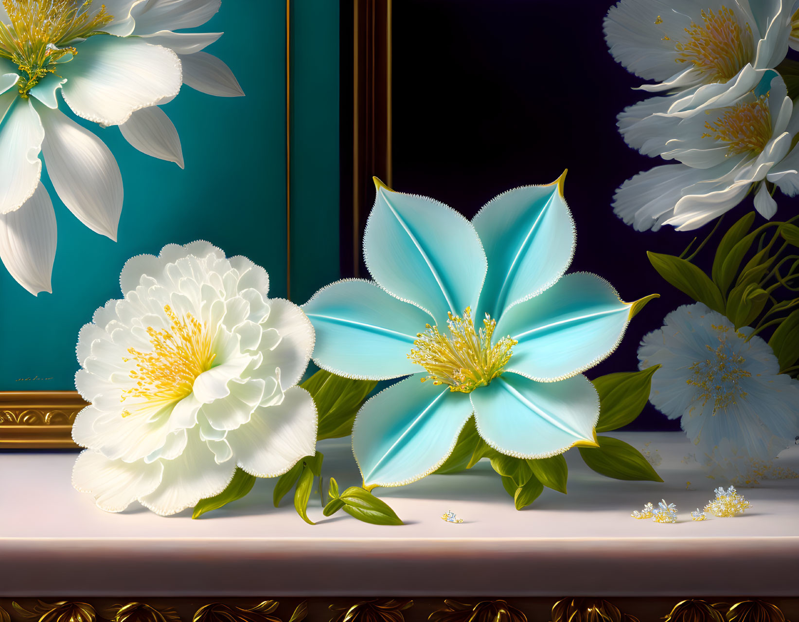 Detailed White and Blue Flowers with Gold Accents on Dark Background