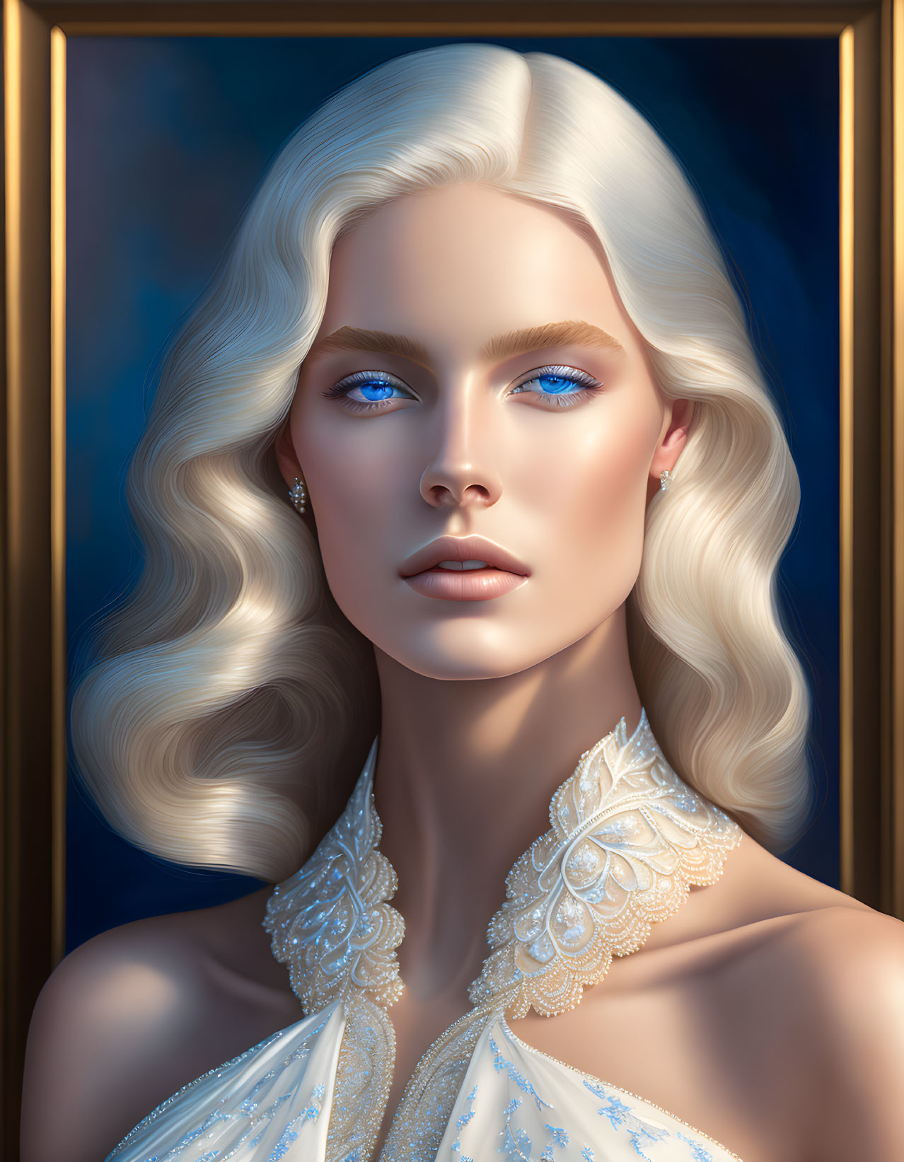 Portrait of Woman with Platinum Blonde Hair and Blue Eyes in White Lace Garment