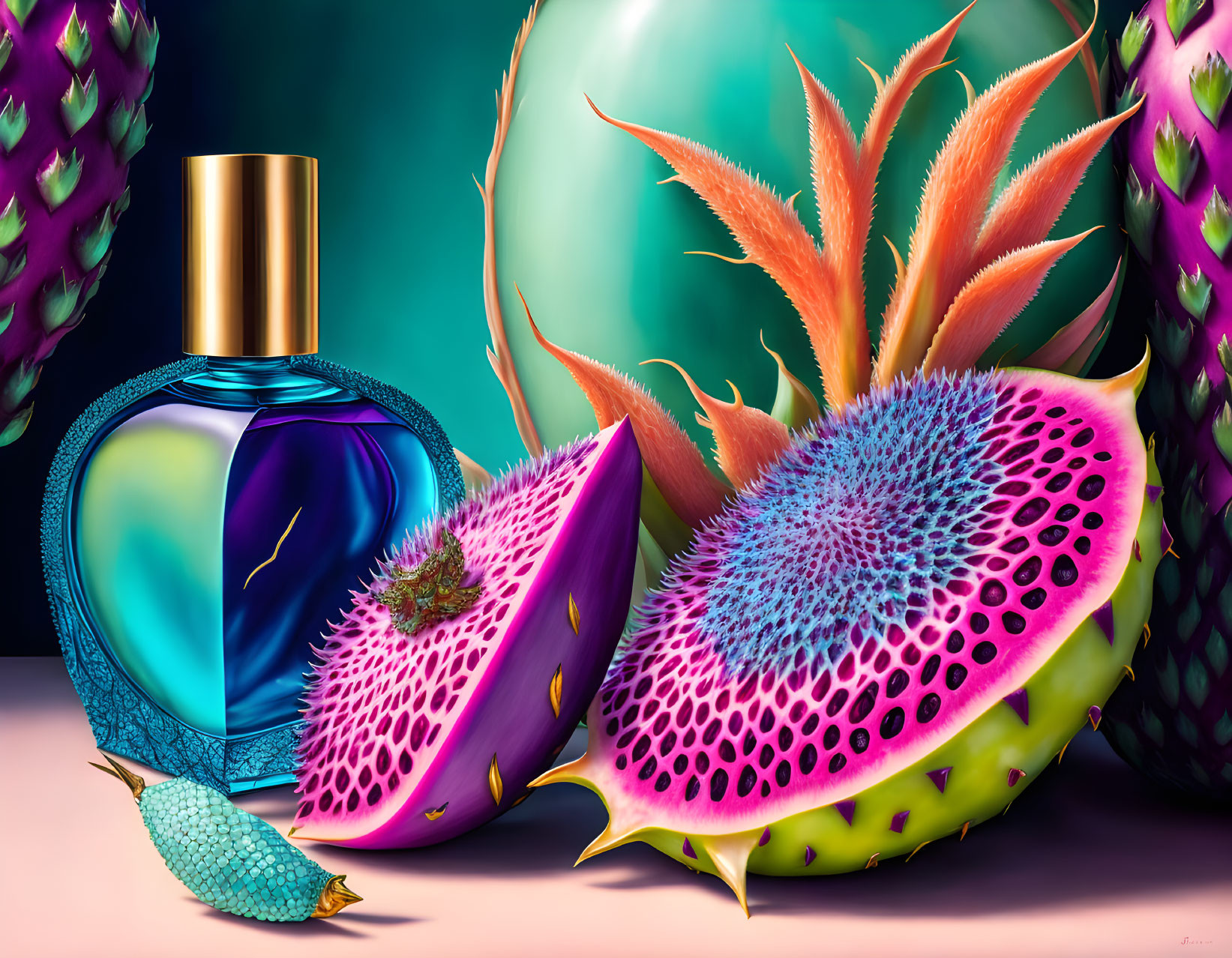 Colorful illustration of perfume bottle with exotic fruits on vibrant backdrop