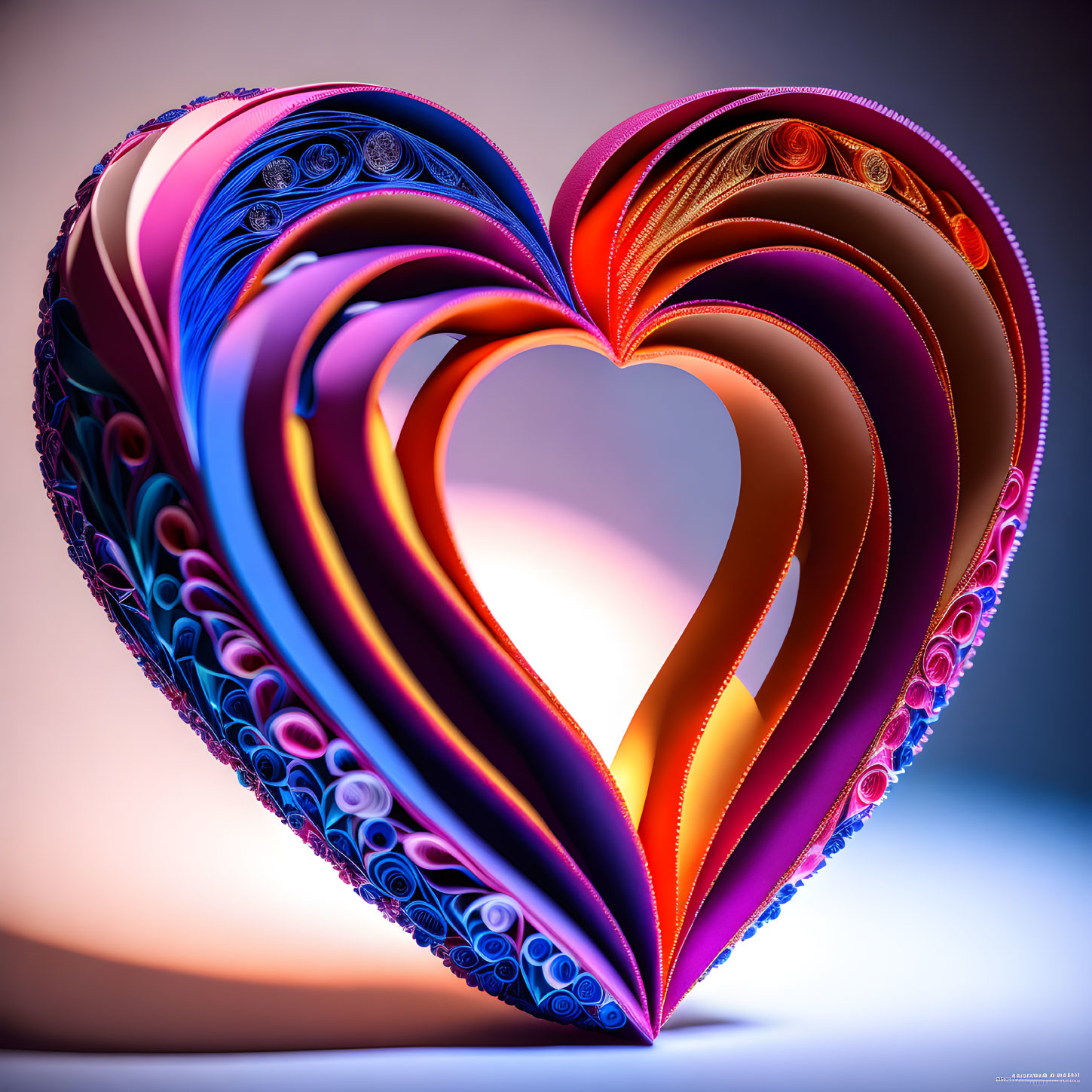 Colorful 3D Paper Quilled Heart on Gradient Background