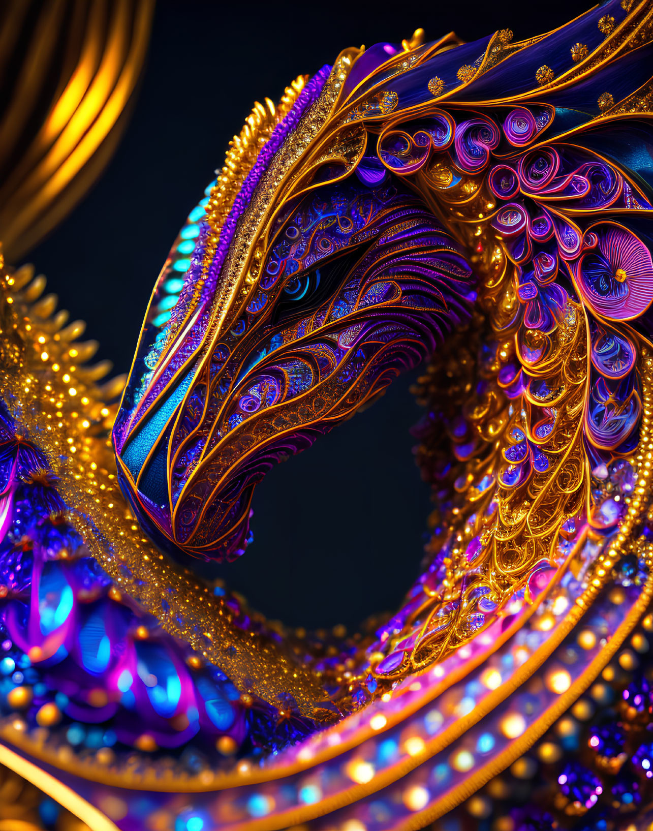 Vibrant ornate digital dragon sculpture with intricate patterns in golden and blue hues.