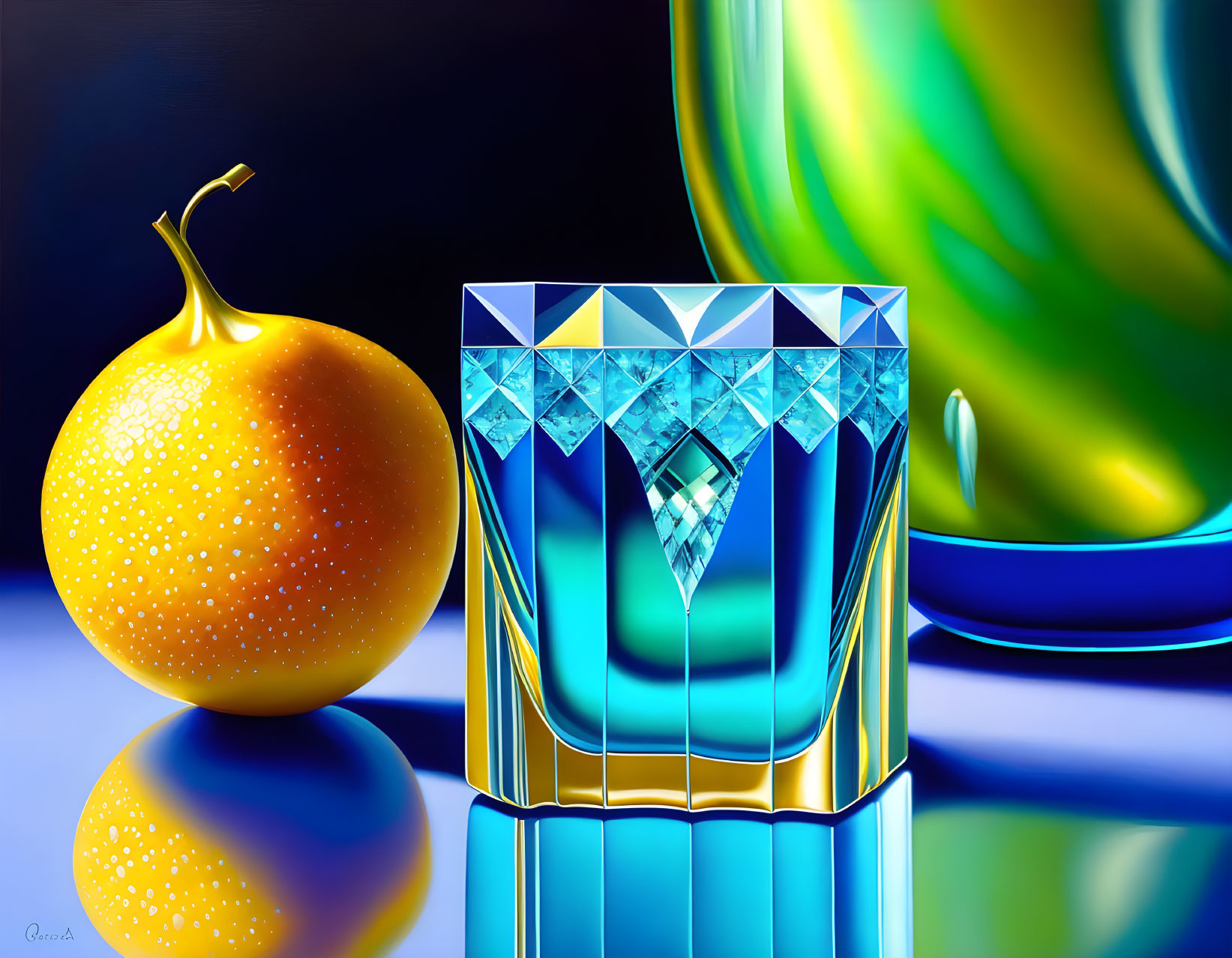 Orange Fruit and Diamond in Clear Tumbler on Reflective Surface