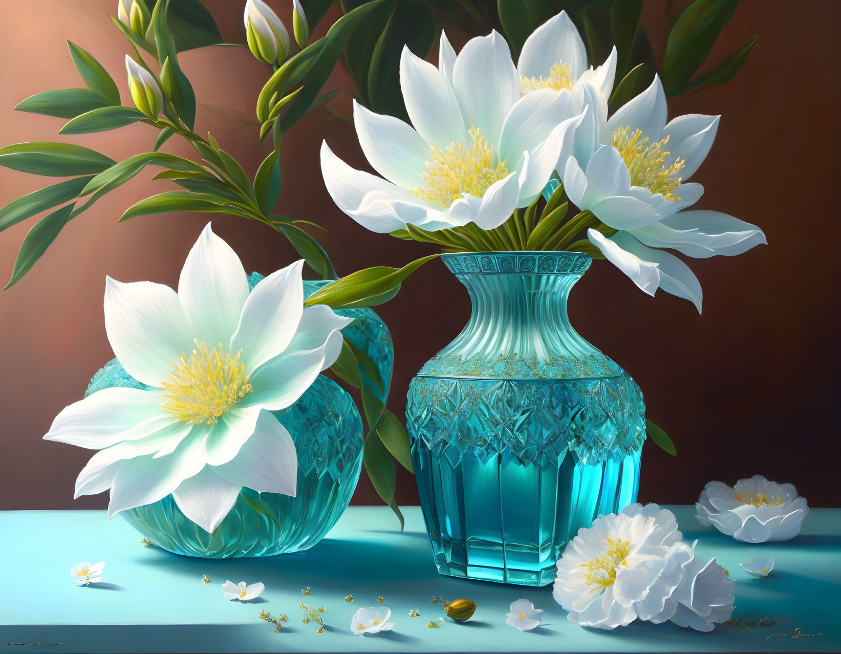 White flowers with yellow centers in blue glass vase on table