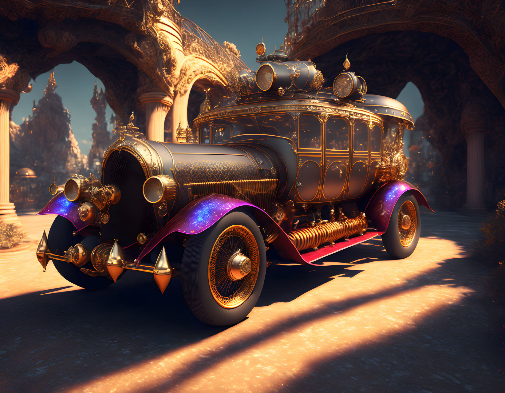 Vintage Car with Purple and Gold Color Scheme in Ornate Architectural Environment