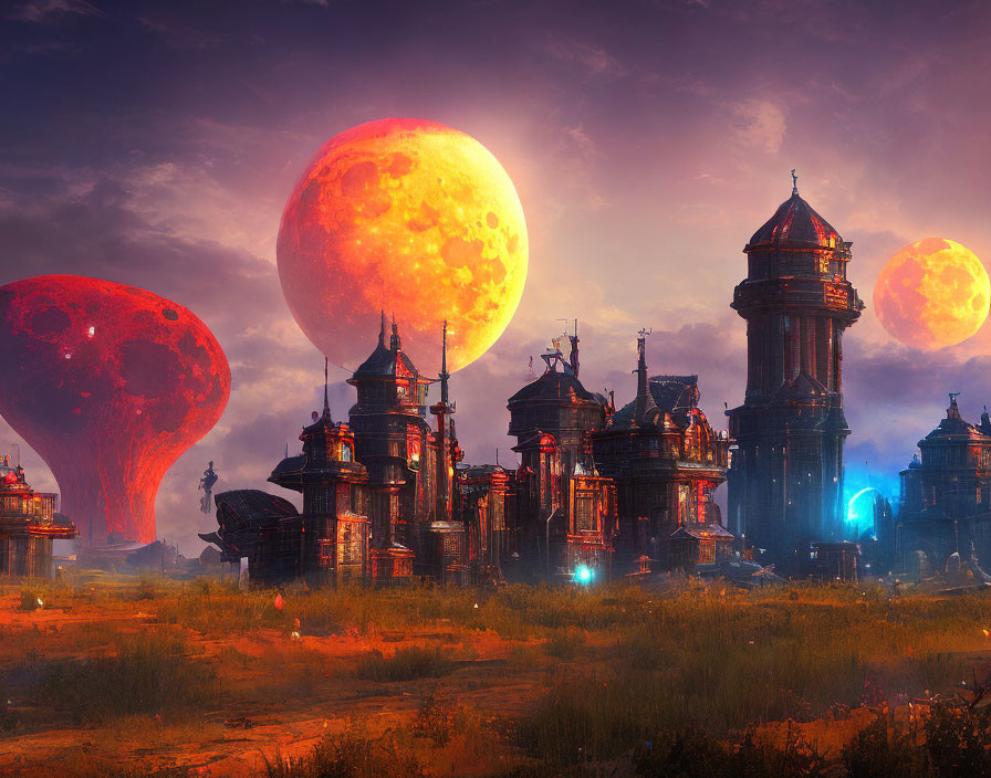 Fantastical Gothic landscape with oversized moons and surreal twilight ambiance