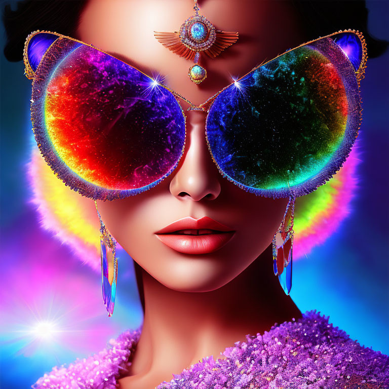 Colorful woman in cosmic sunglasses and vibrant makeup with purple attire.