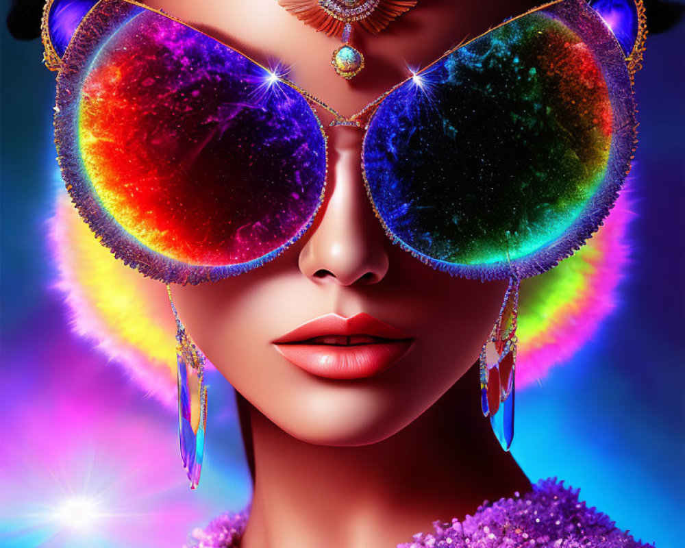 Colorful woman in cosmic sunglasses and vibrant makeup with purple attire.