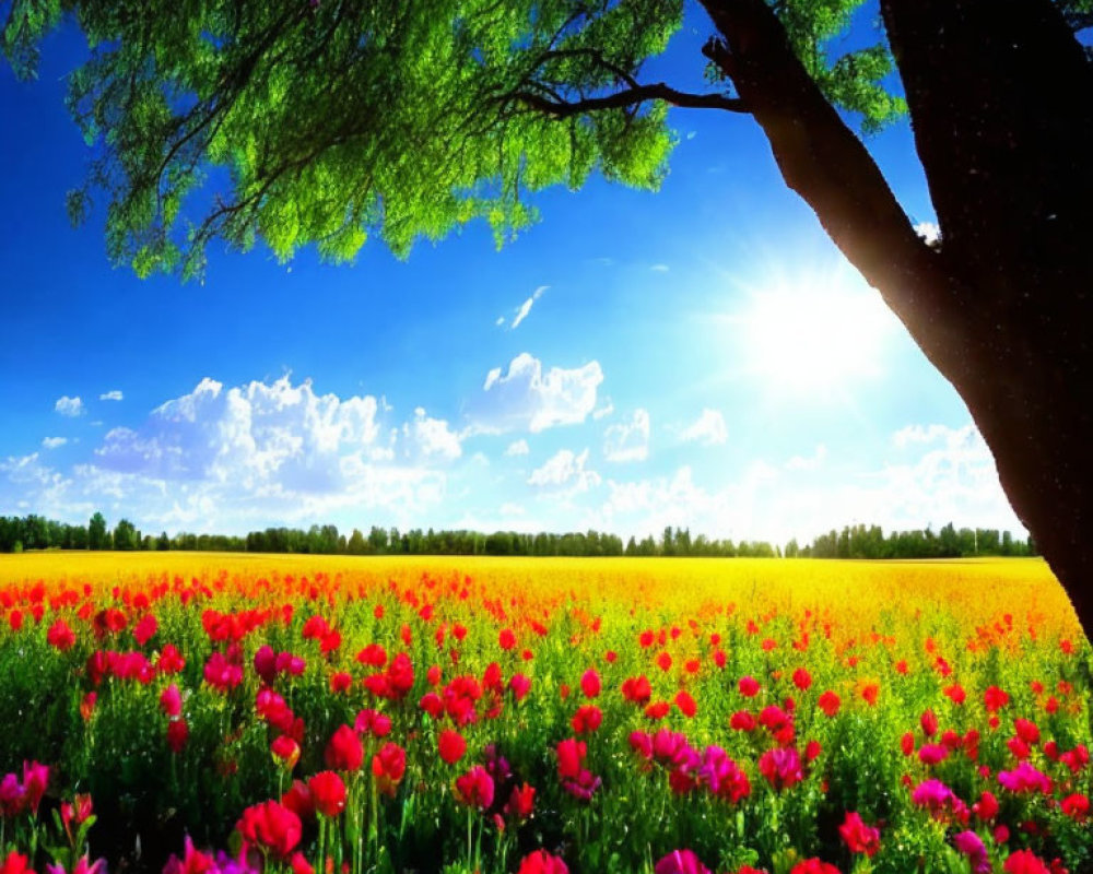 Colorful Field of Red and Yellow Flowers Under Tree with Lush Green Canopy