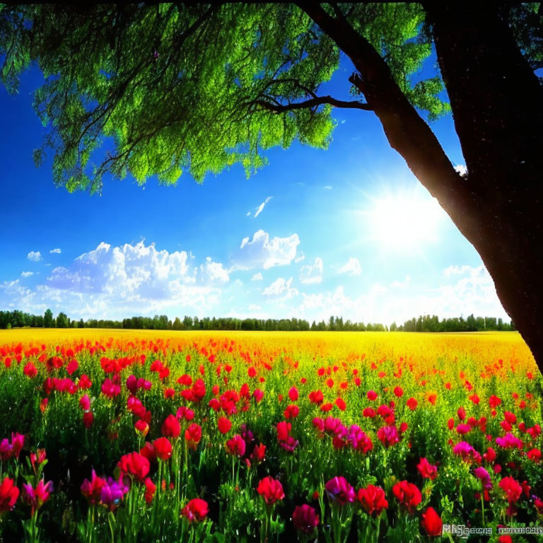 Colorful Field of Red and Yellow Flowers Under Tree with Lush Green Canopy