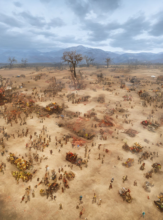 Dry landscape with baobab trees and colorful figures under cloudy sky