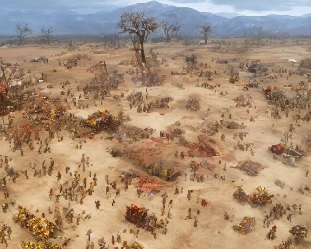 Dry landscape with baobab trees and colorful figures under cloudy sky