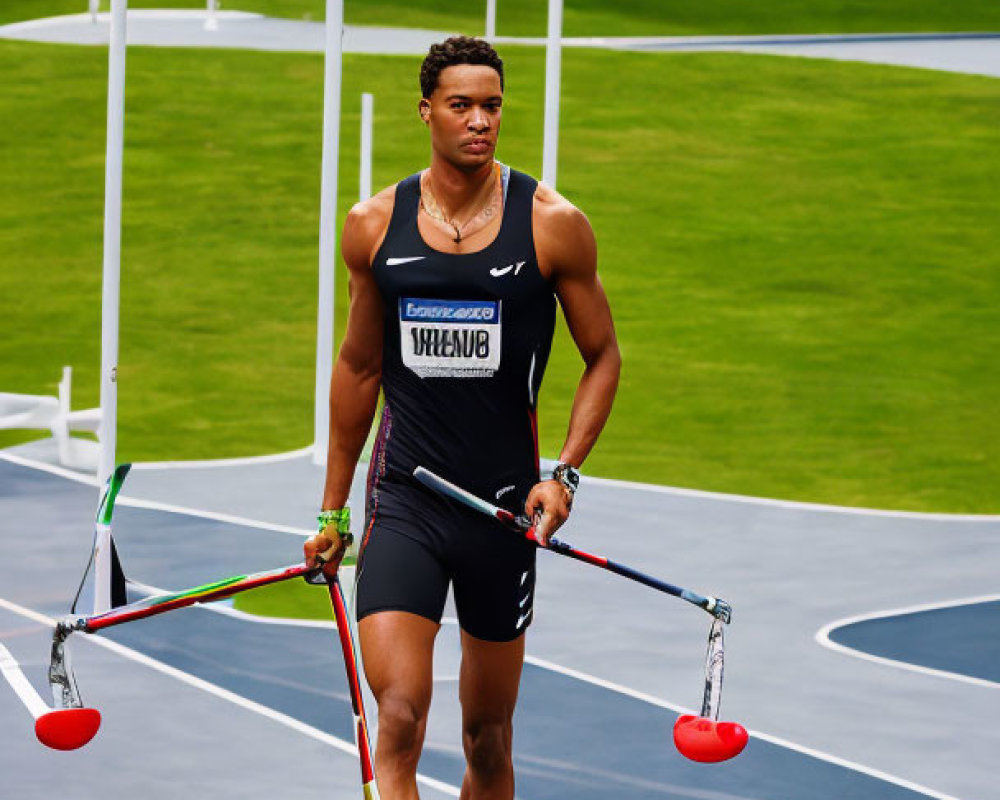 Athlete in Black Nike Outfit Walking on Track with Red Javelins