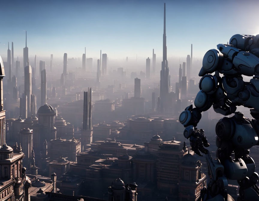 Futuristic robot in urban cityscape at sunrise