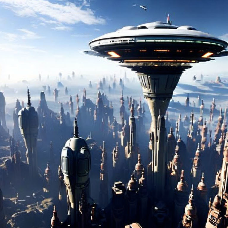 Futuristic cityscape with towering skyscrapers and floating saucer-shaped structure