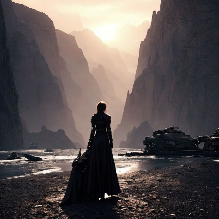 Person in Dark Cloak Observing Sunset Between Rocky Cliffs