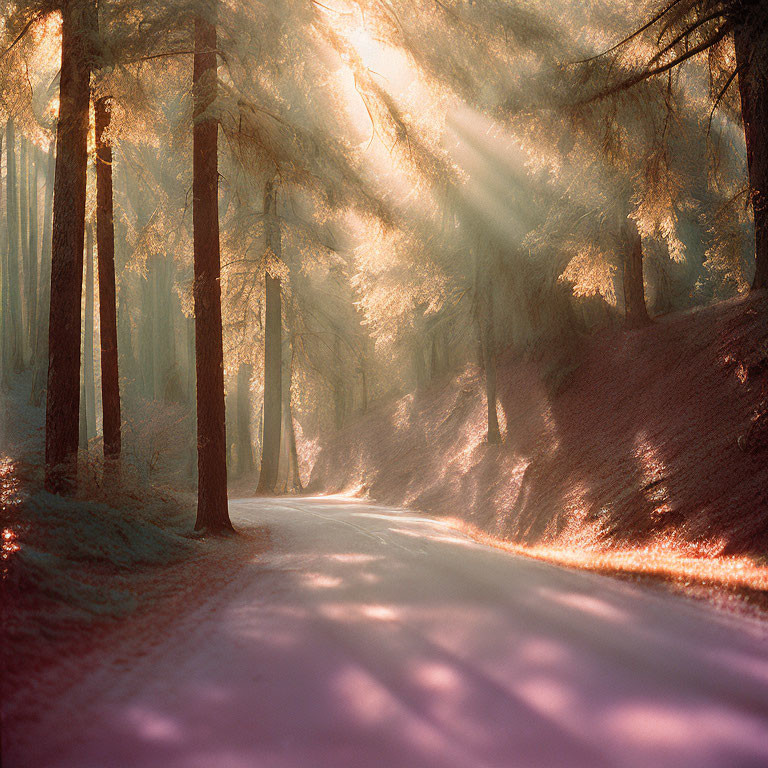 Tranquil Forest Path with Soft Sunlight and Long Shadows