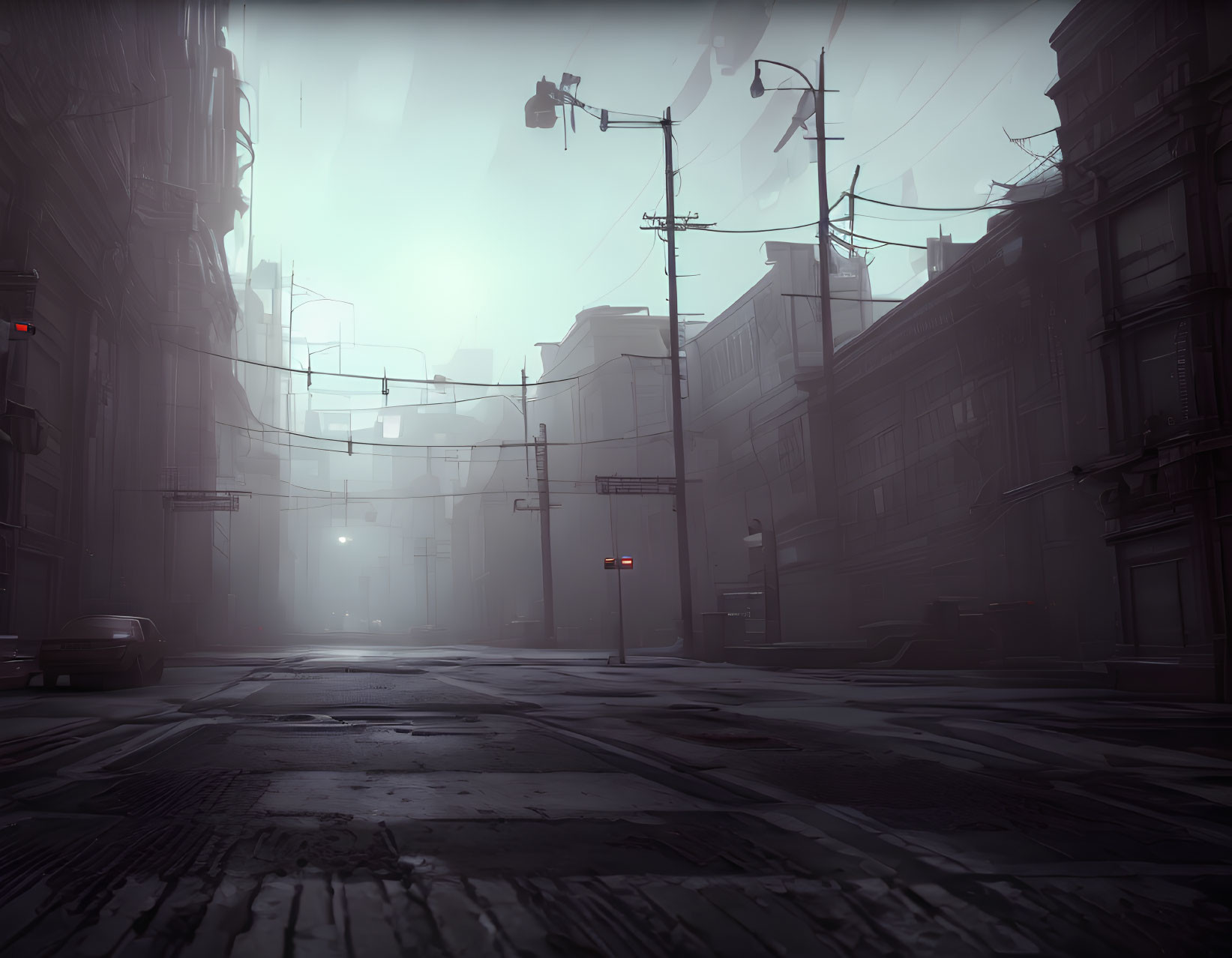 Foggy urban street with silhouetted buildings and street lights