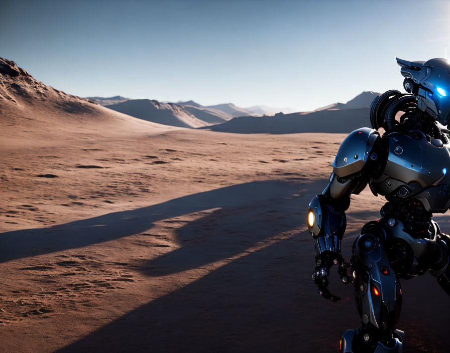 Humanoid Robot in Desert Landscape with Dunes and Mountains