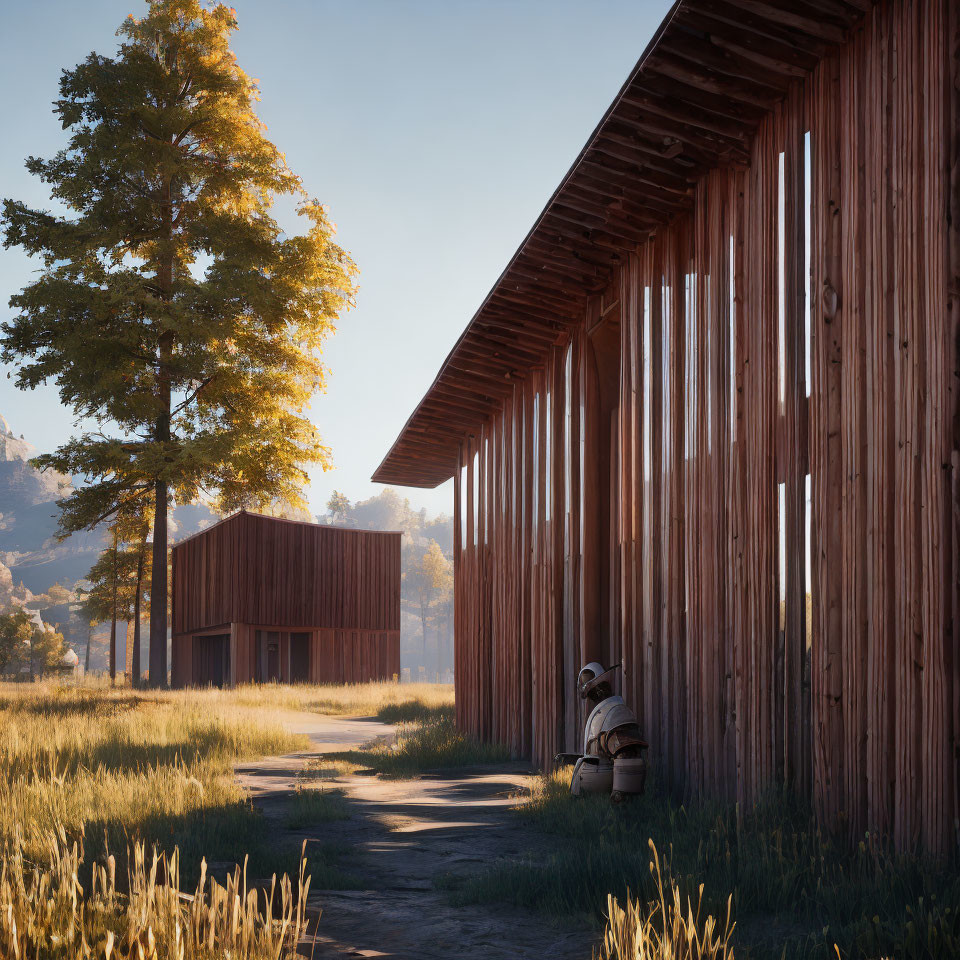 Tranquil rural landscape with wooden barn, person, and tall tree