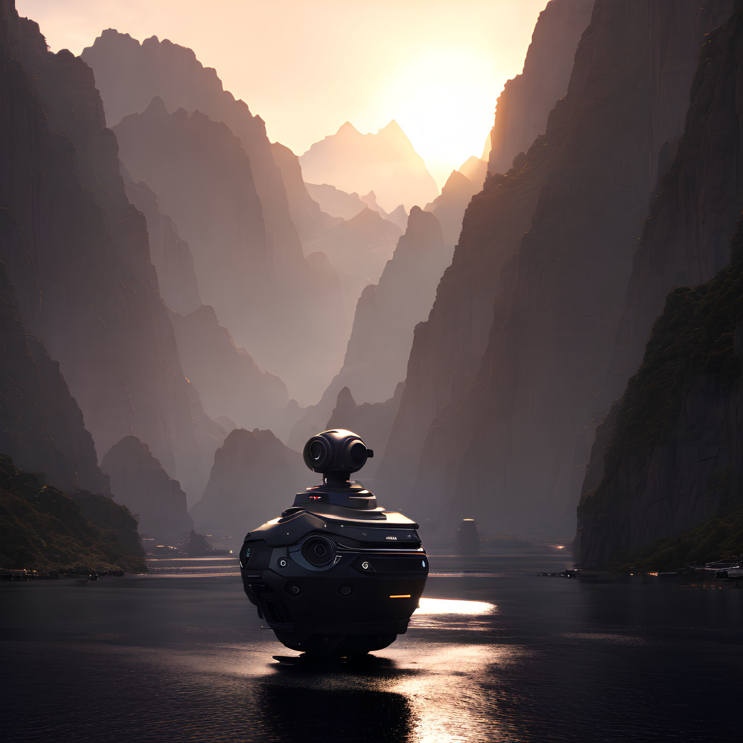 Futuristic robot on water at sunset among towering cliffs