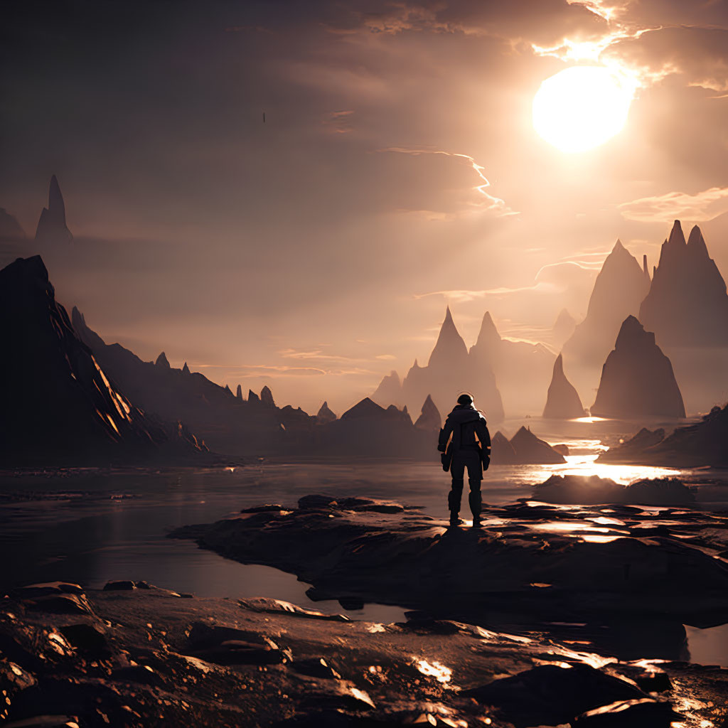 Explorer on Rocky Terrain with Sharp Mountain Peaks and Large Sun in Dramatic Atmosphere