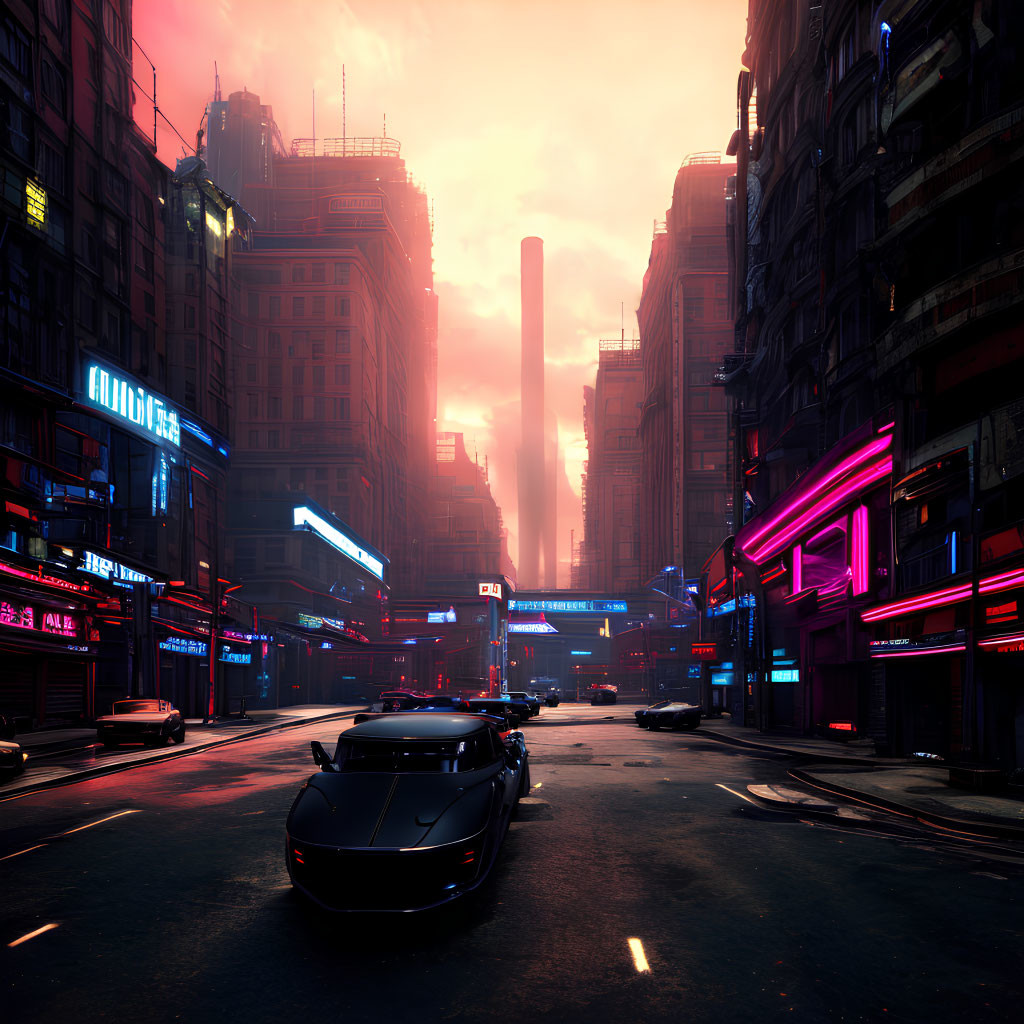 Futuristic city street at dusk with neon signs and towering buildings