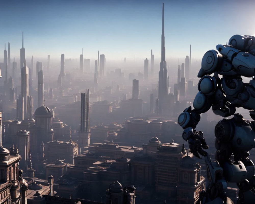 Futuristic robot in urban cityscape at sunrise