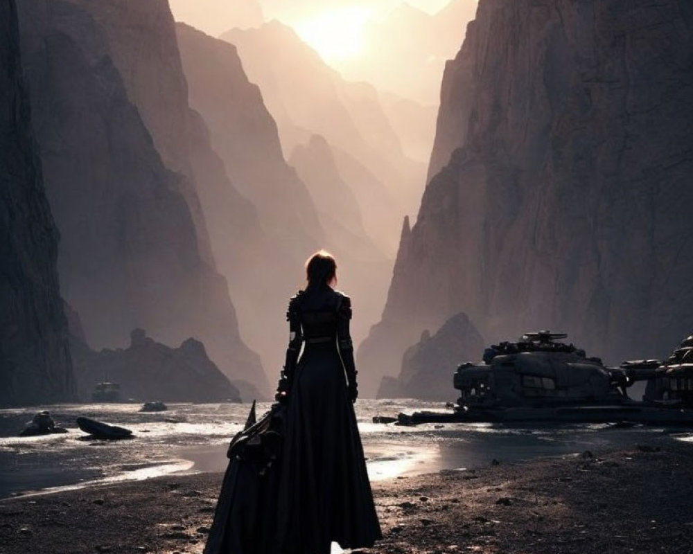 Person in Dark Cloak Observing Sunset Between Rocky Cliffs