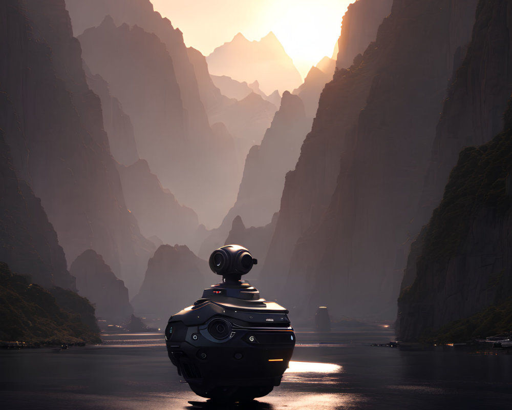 Futuristic robot on water at sunset among towering cliffs