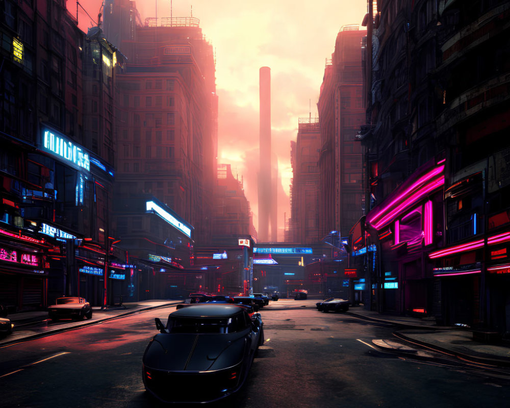 Futuristic city street at dusk with neon signs and towering buildings