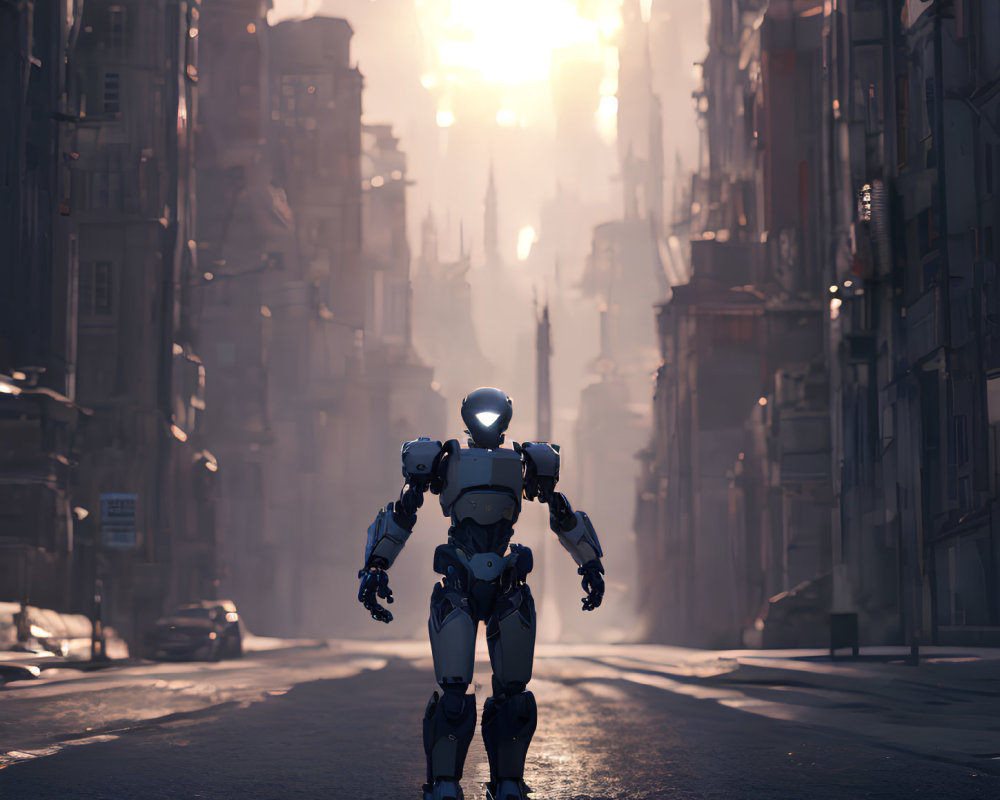 Humanoid robot strolling down empty urban street flanked by tall buildings.