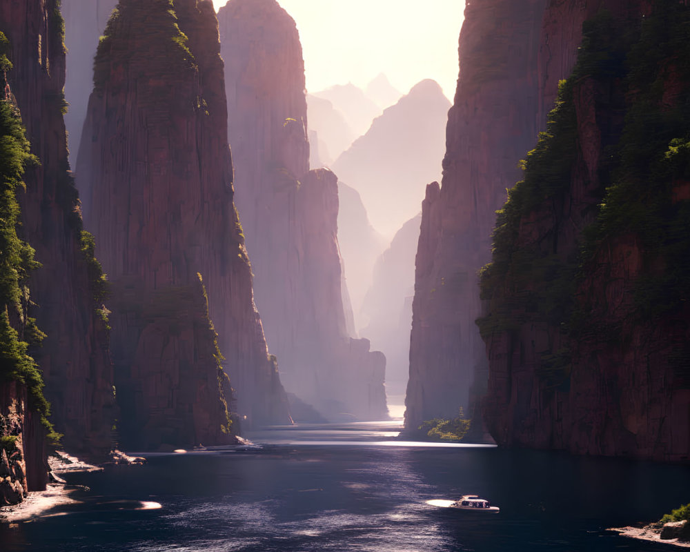 Tranquil river in sunlit canyon with boat