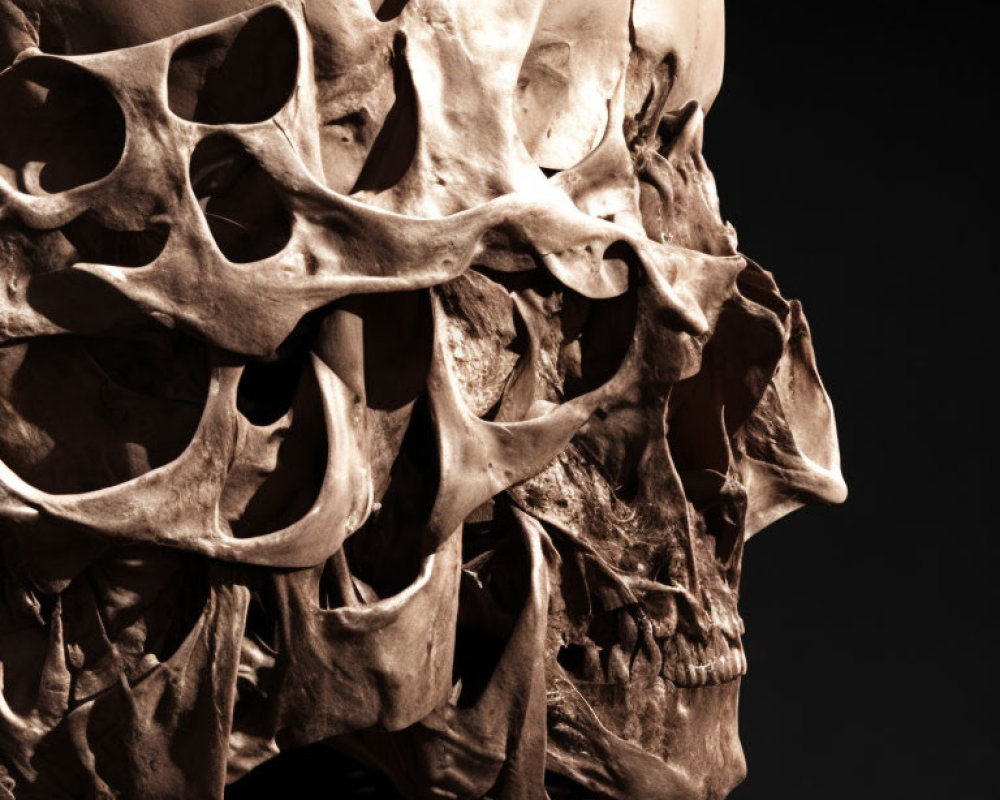 Detailed close-up of intricate skull structure on dark background