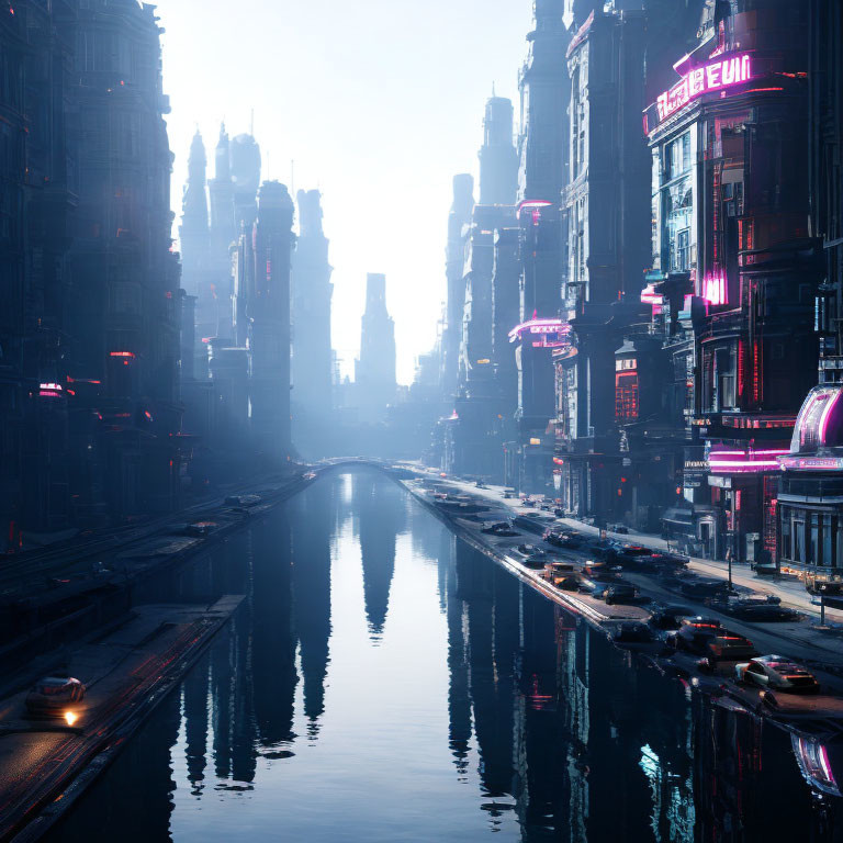 Futuristic cityscape with neon signs and towering buildings at dawn or dusk