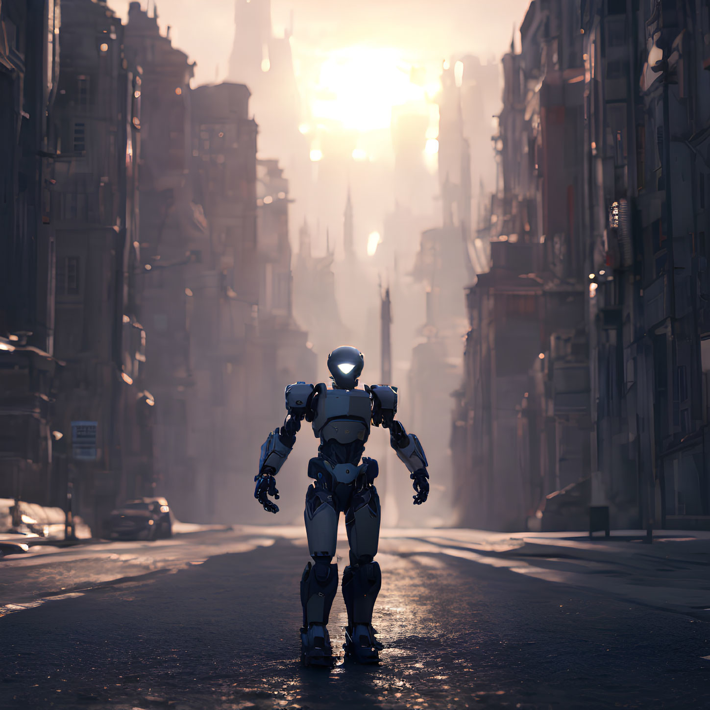 Humanoid robot strolling down empty urban street flanked by tall buildings.