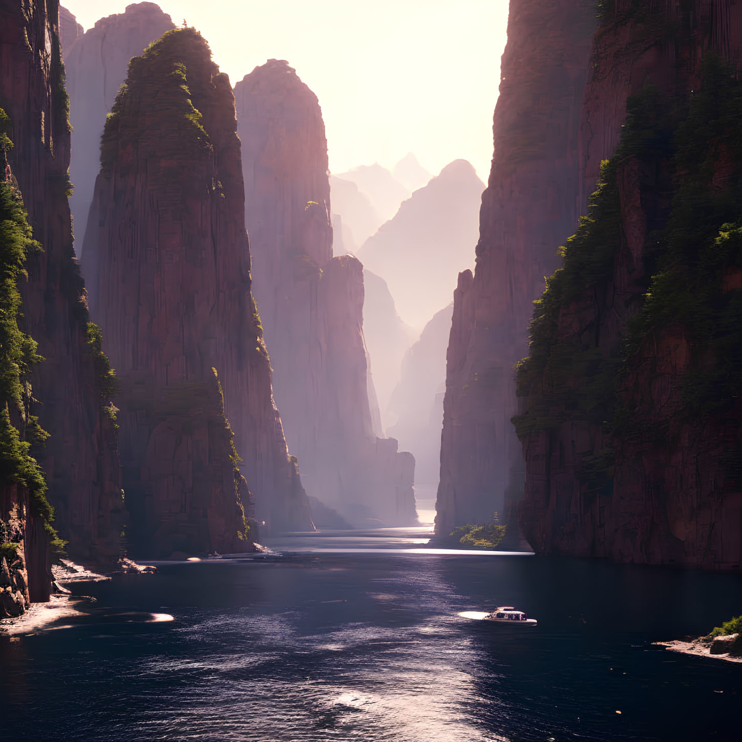 Tranquil river in sunlit canyon with boat