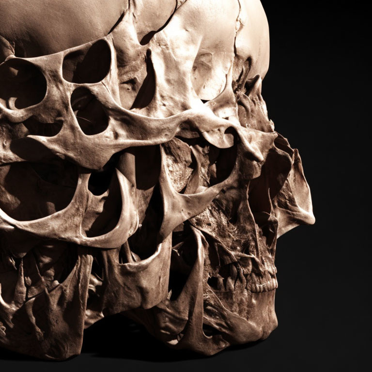 Detailed close-up of intricate skull structure on dark background