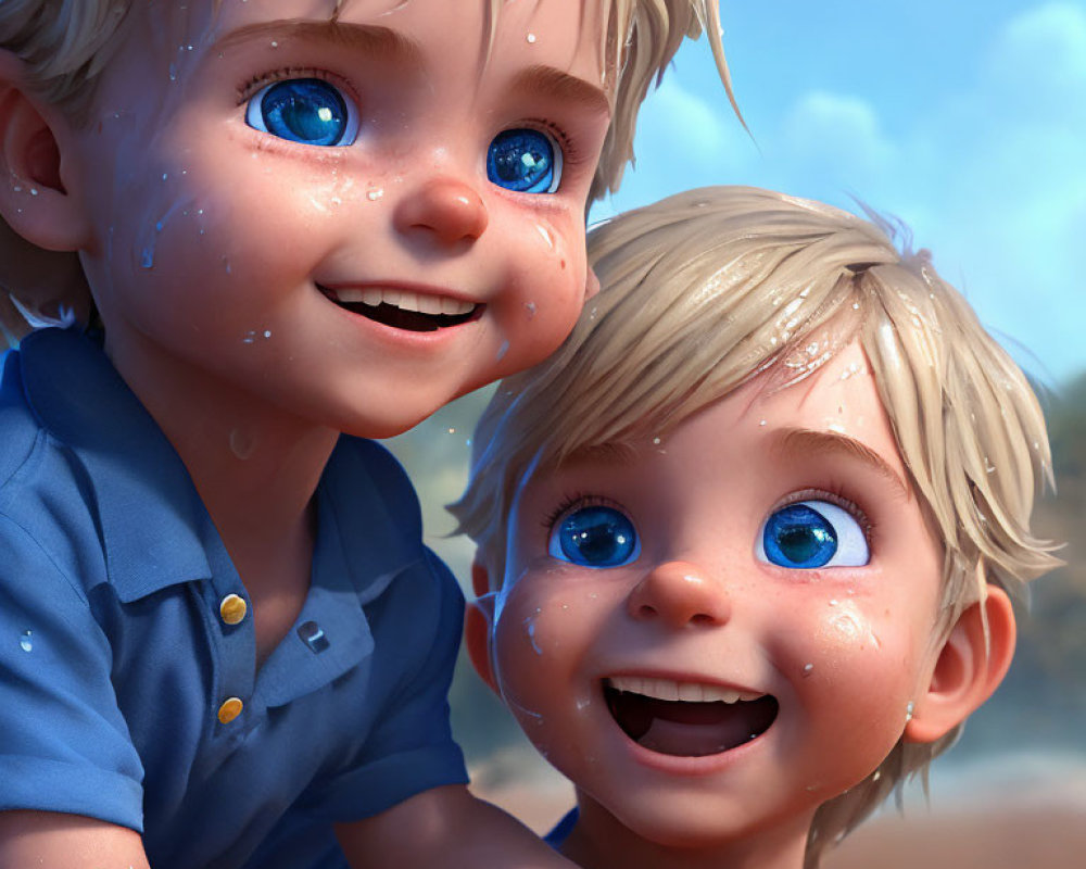 Two children with sparkling blue eyes and colorful ball under clear sky