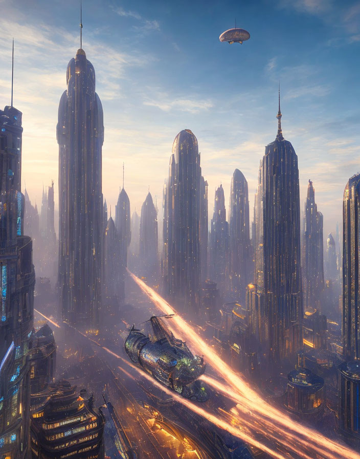 Golden sunlight illuminates futuristic cityscape with towering skyscrapers and flying vehicles