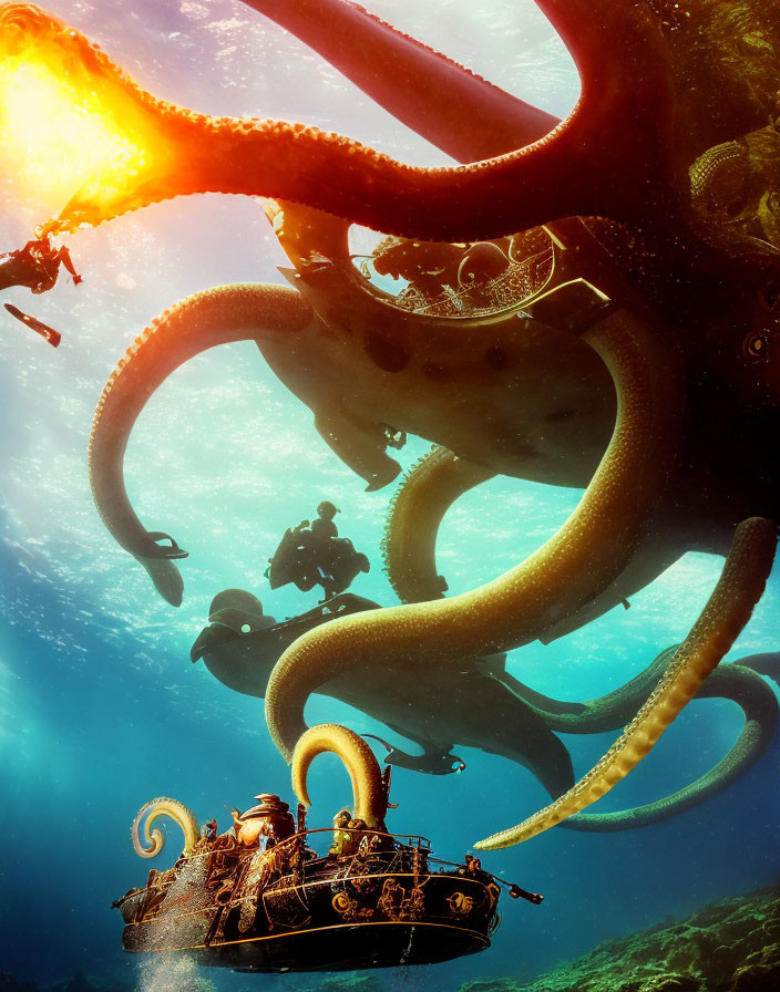 Giant octopus and submarine with scuba divers in underwater scene