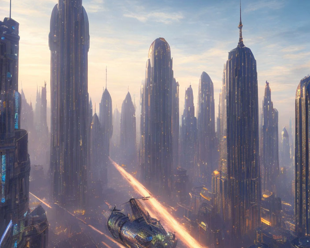 Golden sunlight illuminates futuristic cityscape with towering skyscrapers and flying vehicles