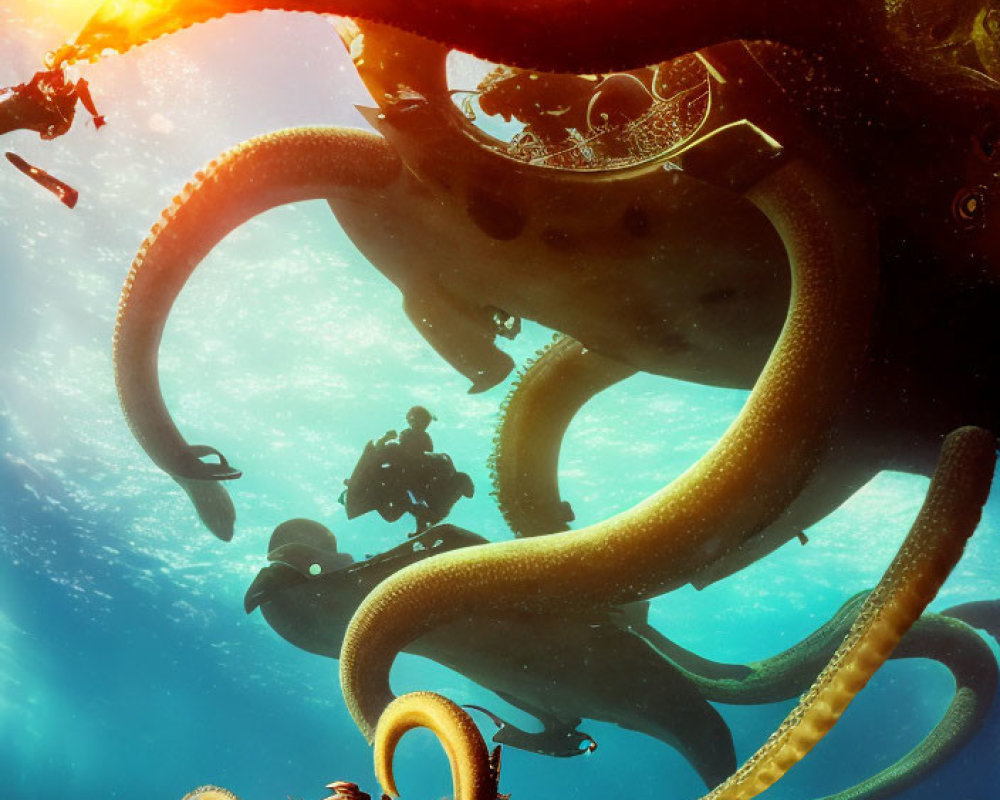 Giant octopus and submarine with scuba divers in underwater scene